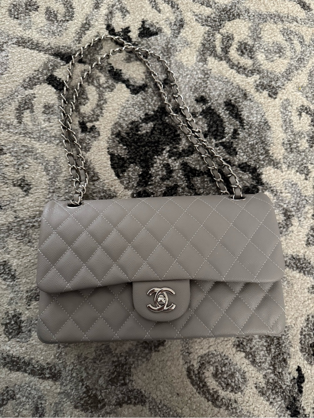 Classic Quilted Double Flap Shoulder Bag in Light Gray